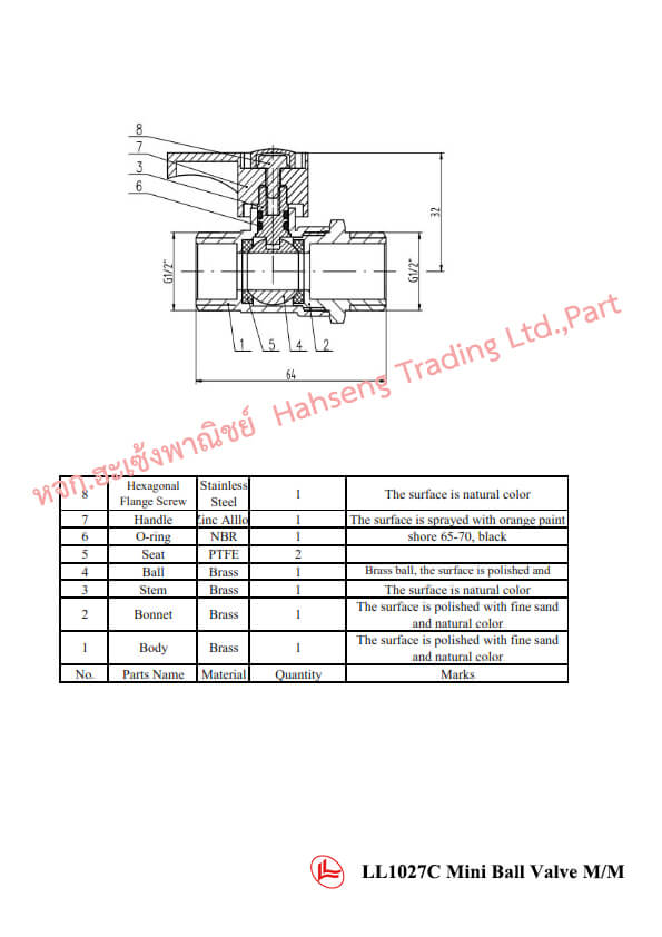 มินิบอลวาล์ว ทองเหลือง LL1027C ผ/ผ 1/2"